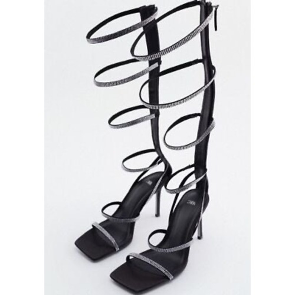 Zara Black Rhinestone Square Toe High Heel Lace Up Gladiator Sandals US 8 NWT